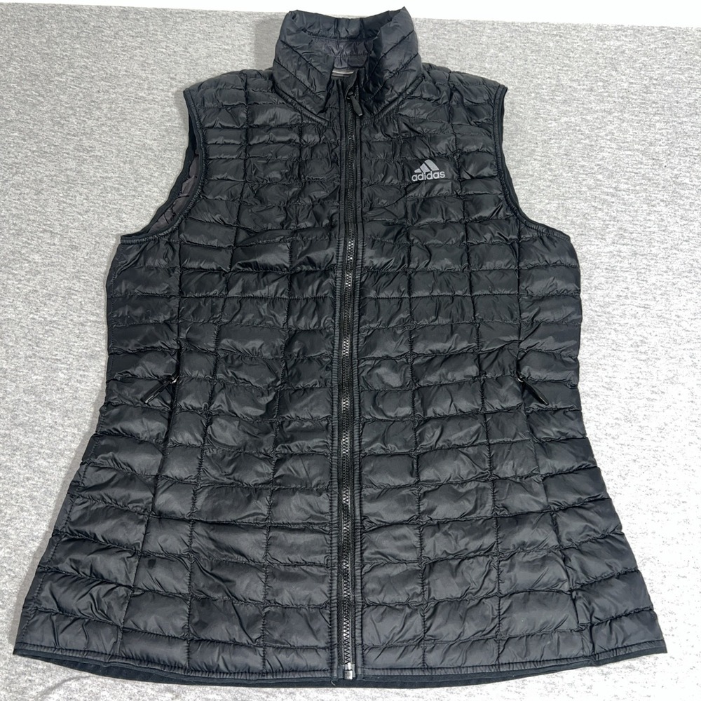Adidas Puffer Vest Womens Small Black Outdoor Lightweight Full Zip Pockets Logo